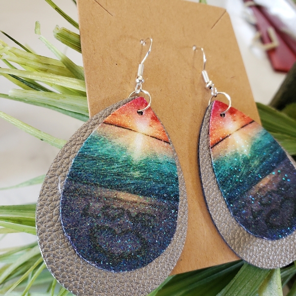 Ocean Sunset Faux Leather Teardrop Earrings - Picture 11 of 13